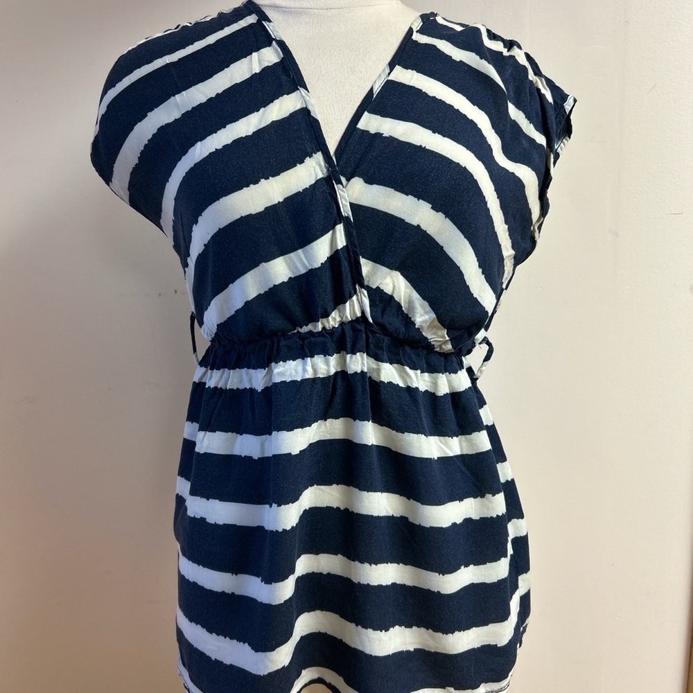 Y2K Forever 21 Navy and white striped drape sleeve V-neck wrap blouse size L